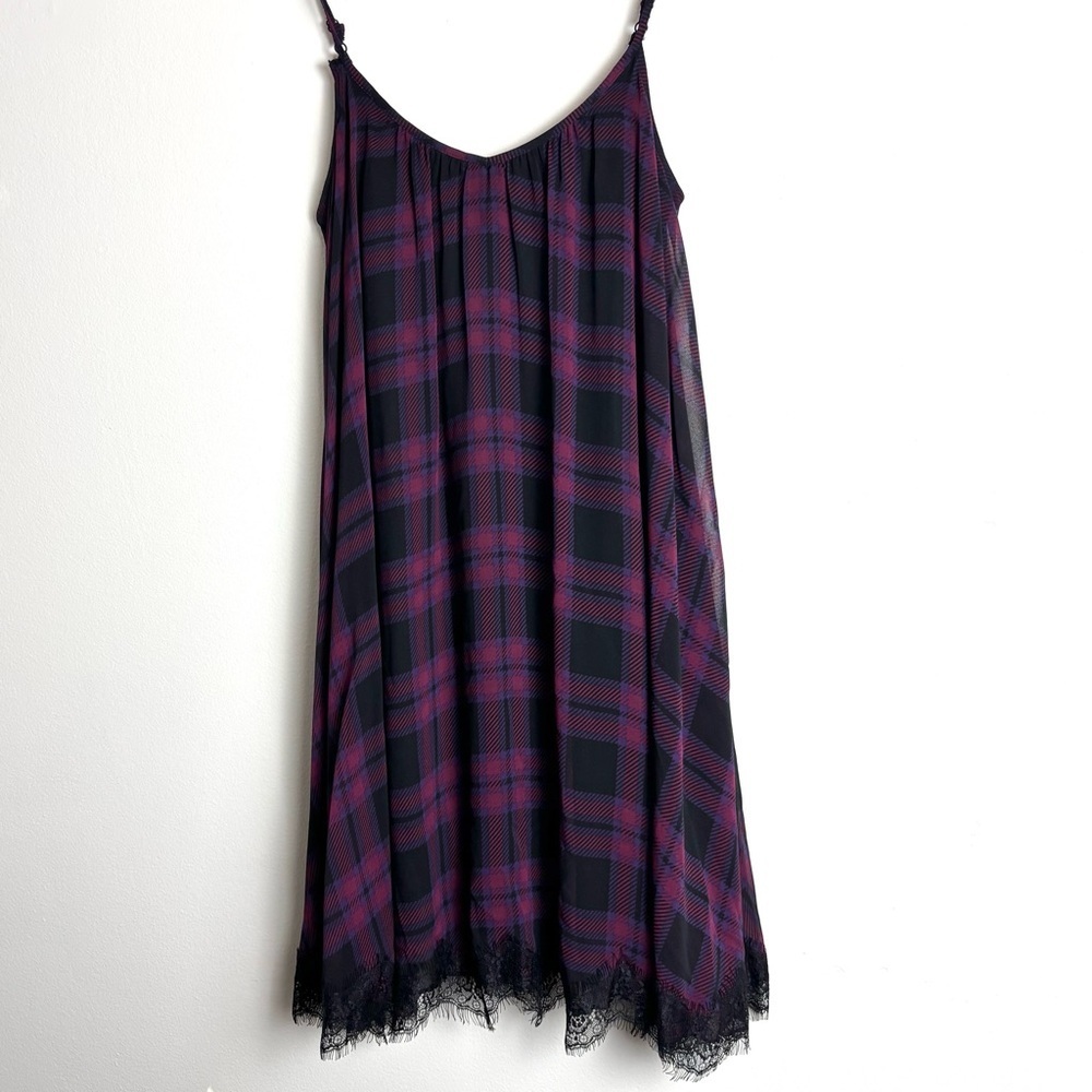 Express slip dress black purple plaid XS lace trim